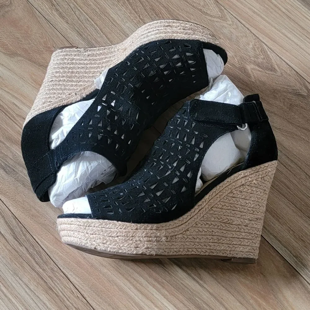Marc Fisher Helina Platform Laser Cutout Suede Peep Toe Espadrille Wedge Black